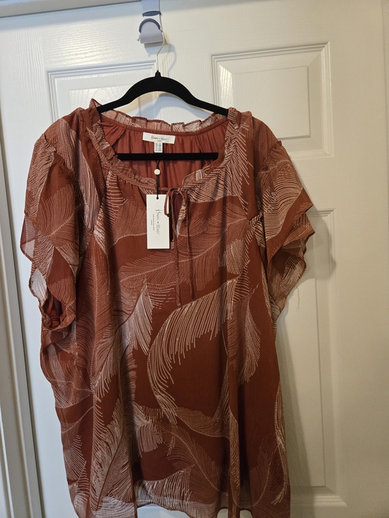 Harver and Blair Tops - Rust Feather-Print Peasant Blouse with Tie Neck